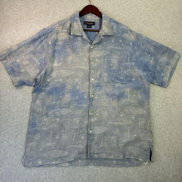 Brooks Brothers 100% Silk Blueprint Print Button Up Shirt Mens Large - Picture 1 of 6